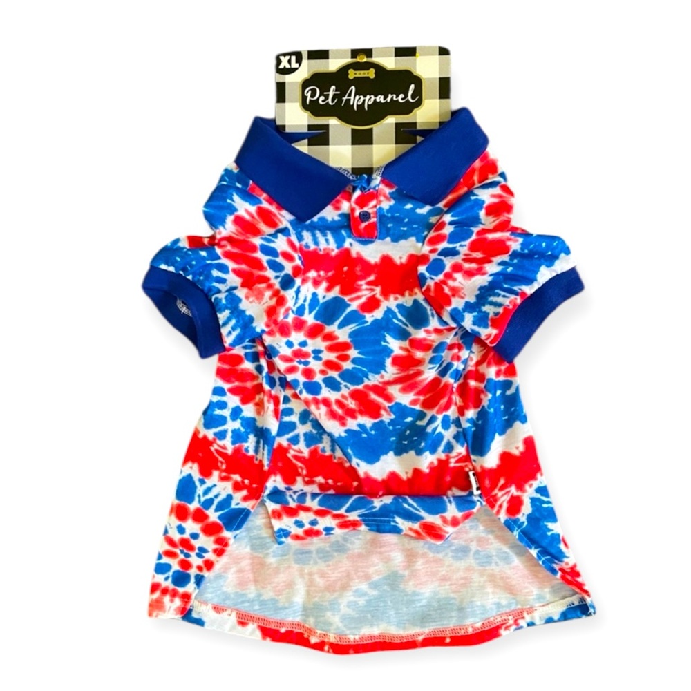 XL Woof Dog Fourth of July Tie Dye Polo Shirt Red White and Blue